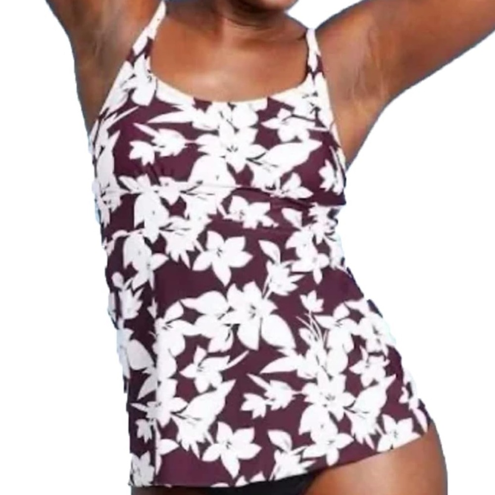 Kona Sol Women's Scoop Neck  Tankini Top Purple & White Floral size Large